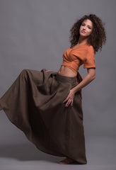 Two-Piece Linen Set – Brown Skirt & Wrap Orange Top