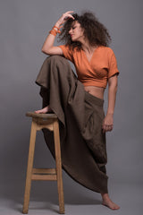 Two-Piece Linen Set – Brown Skirt & Wrap Orange Top