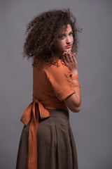 Two-Piece Linen Set – Brown Skirt & Wrap Orange Top