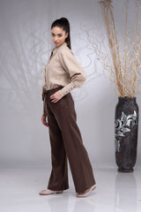 White & Beige Linen Shirt (Wrinkle-Free) with Brown Pants – قميص