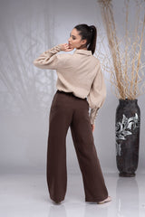 White & Beige Linen Shirt (Wrinkle-Free) with Brown Pants – قميص
