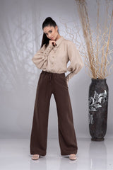 White & Beige Linen Shirt (Wrinkle-Free) with Brown Pants – قميص