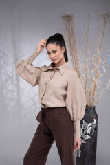 White & Beige Linen Shirt (Wrinkle-Free) with Brown Pants – قميص