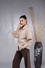 White & Beige Linen Shirt (Wrinkle-Free) with Brown Pants – قميص