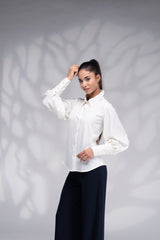 White & Beige Linen Shirt (Wrinkle-Free) with Brown Pants – قميص