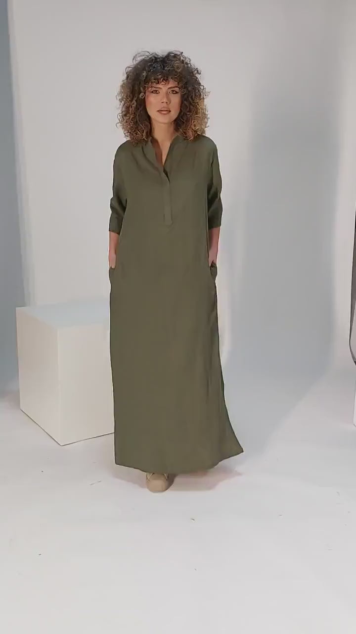 Practical Linen Kaftan in Army Green & White: Elegance & Comfort for Every Occasion