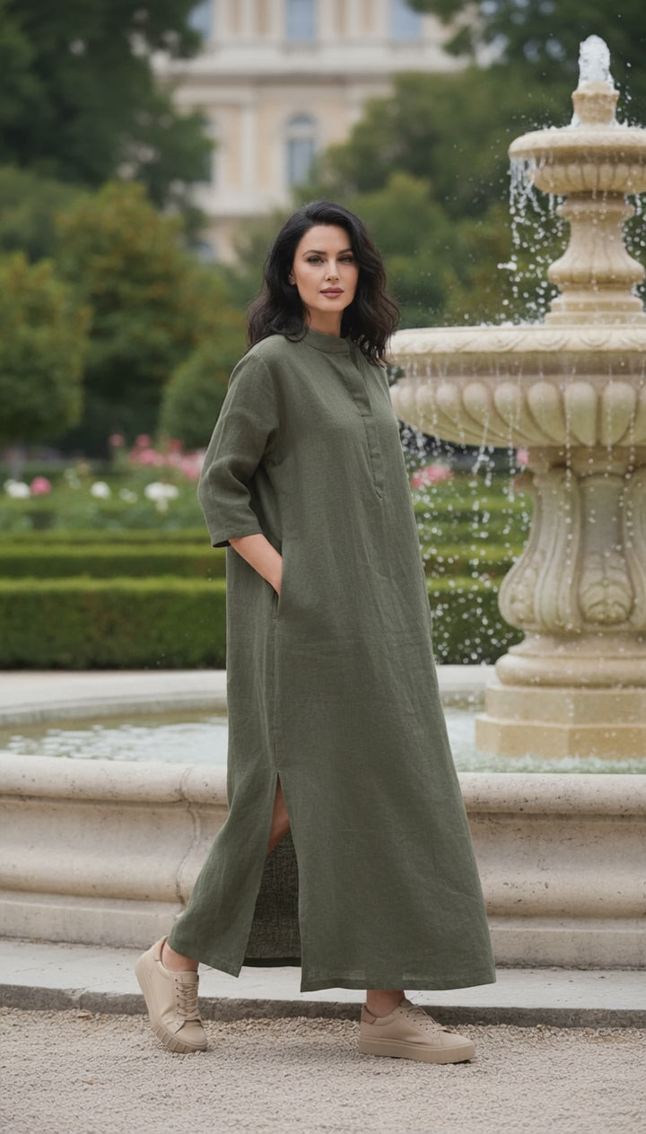 Practical Linen Kaftan in Army Green & White: for Every Occasion| فتحتين  ( زيتى  او ابيض