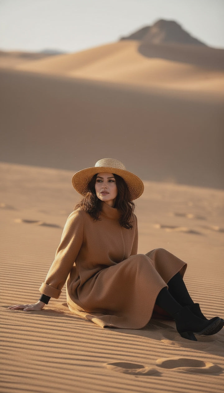 Camel Wool Dress with Oversized Scarf – Warmth & Timeless Style| سبوت