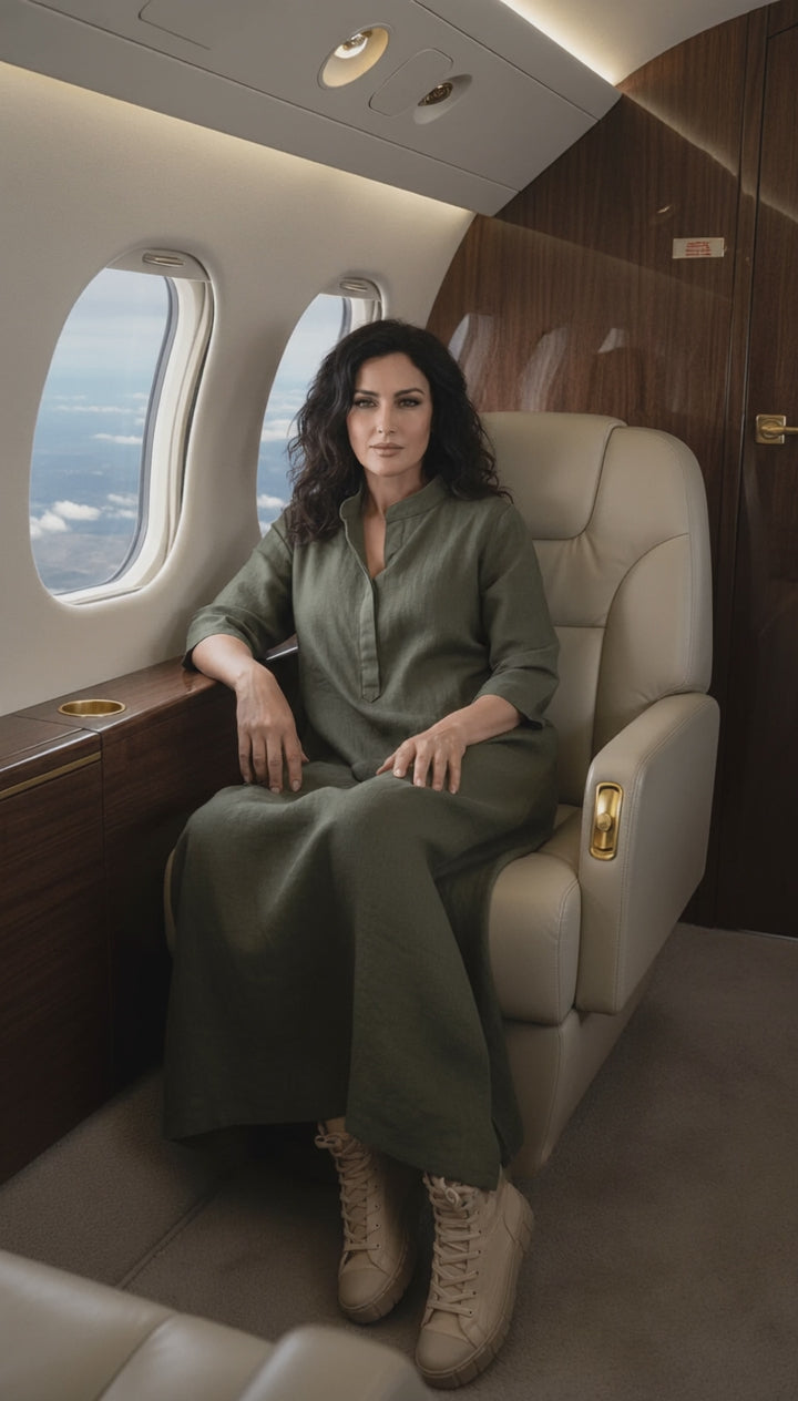 Practical Linen Kaftan in Army Green & White: for Every Occasion| فتحتين  ( زيتى  او ابيض