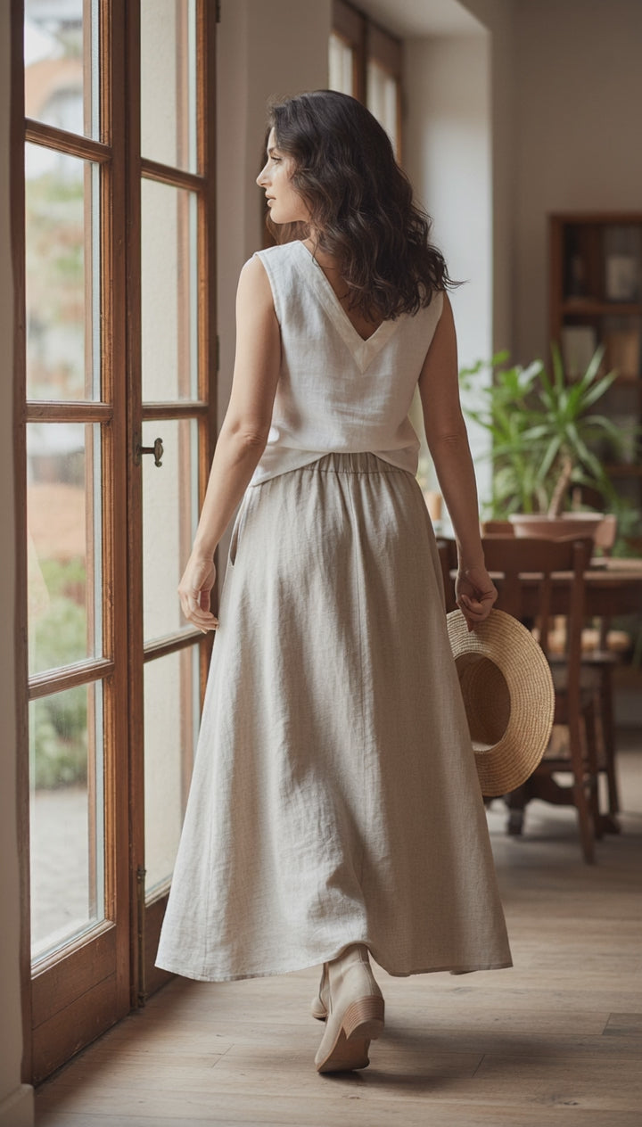 Linen Two-Piece Set – White Top &Flowing Skirt|طقم  توب وجيب