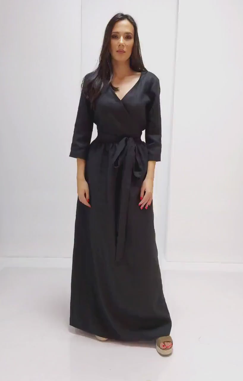 Black Linen Dress with Belt – Wrap Design & Long Sleeves| ملفح 22