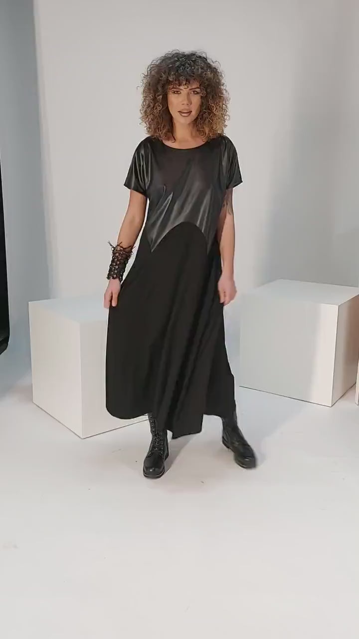 Two-Fabric Half-Sleeve Dress – Luxe Matte Leather & Soft Lycra for Year-Round Elegance| نص جلد