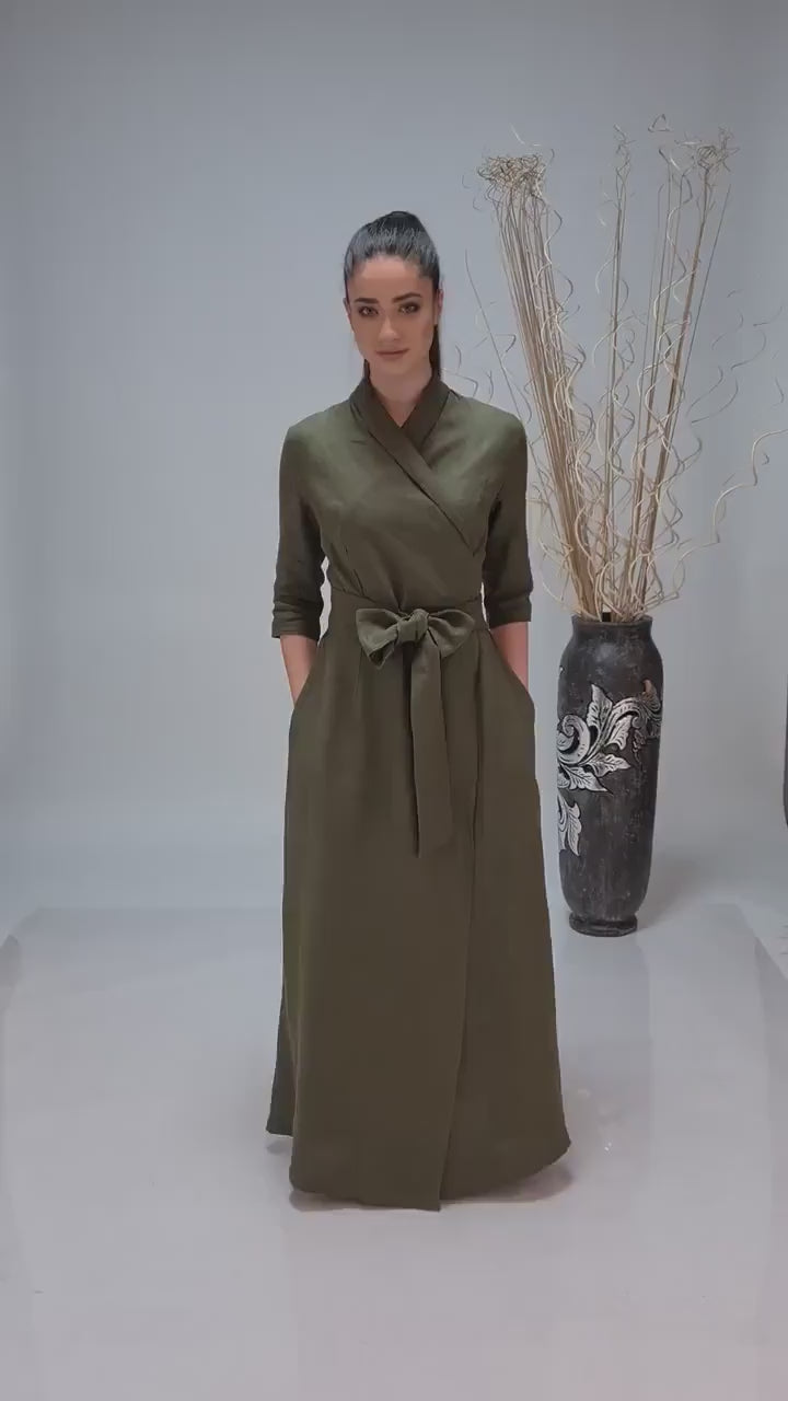 Army Green Linen Dress: Top Rever & Draped Bottom