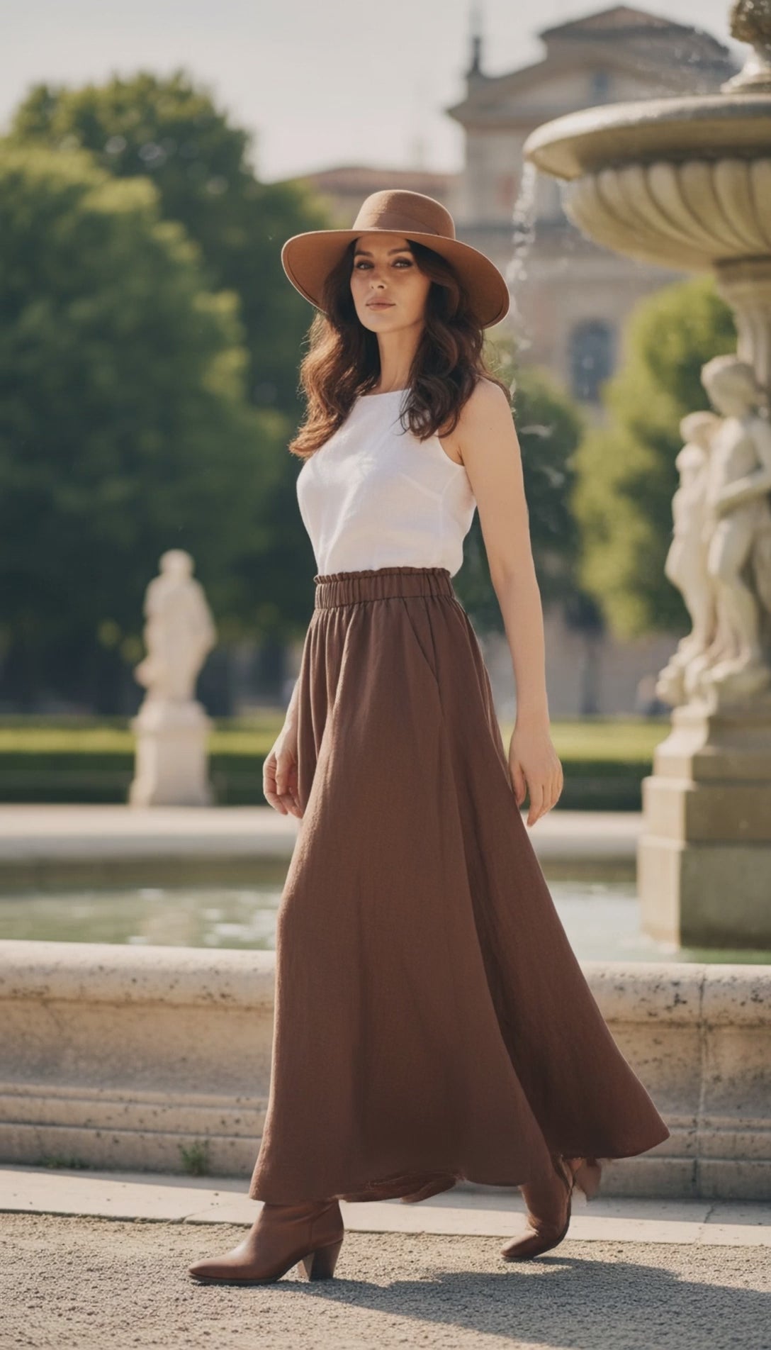 Linen Two-Piece Set – White Top &Flowing Skirt|طقم  توب وجيب