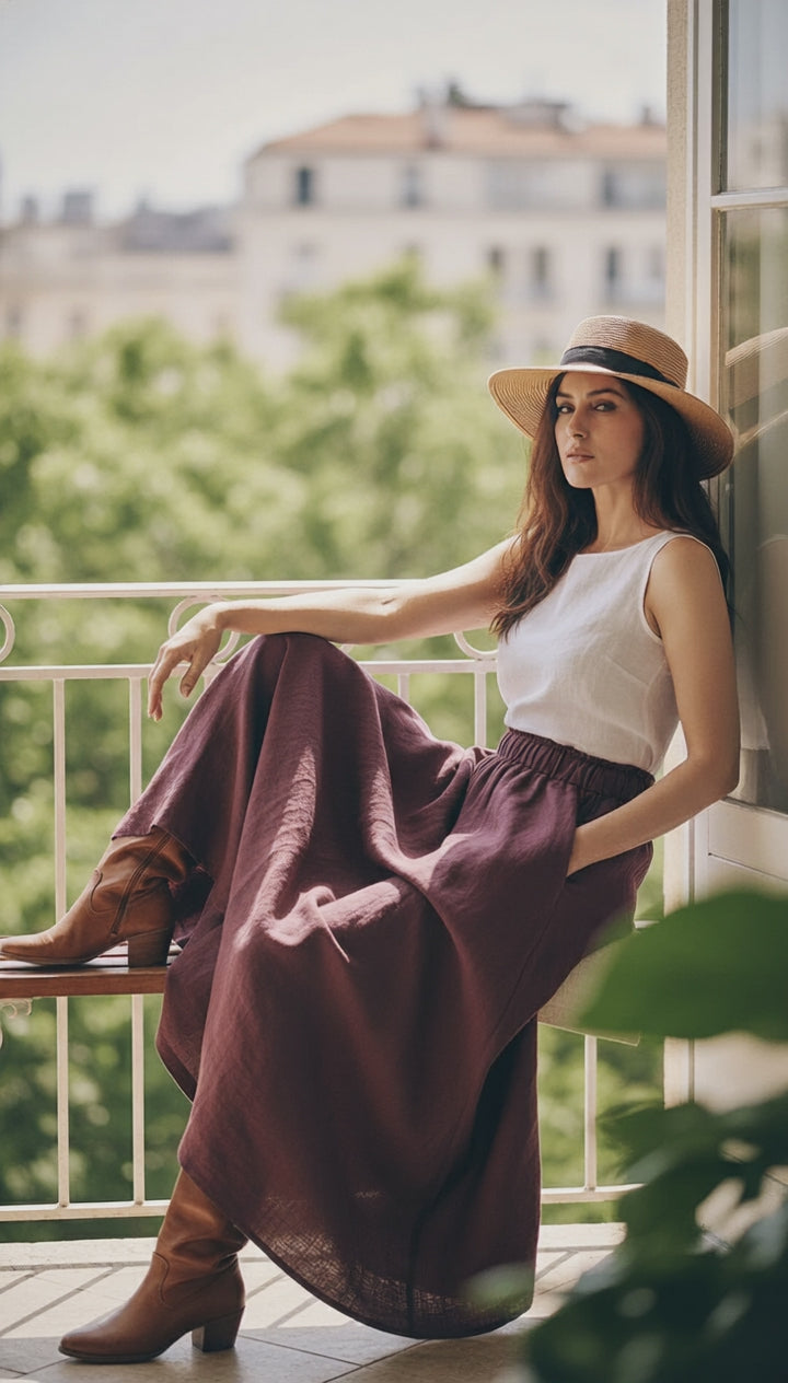 Linen Two-Piece Set – White Top &Flowing Skirt|طقم  توب وجيب