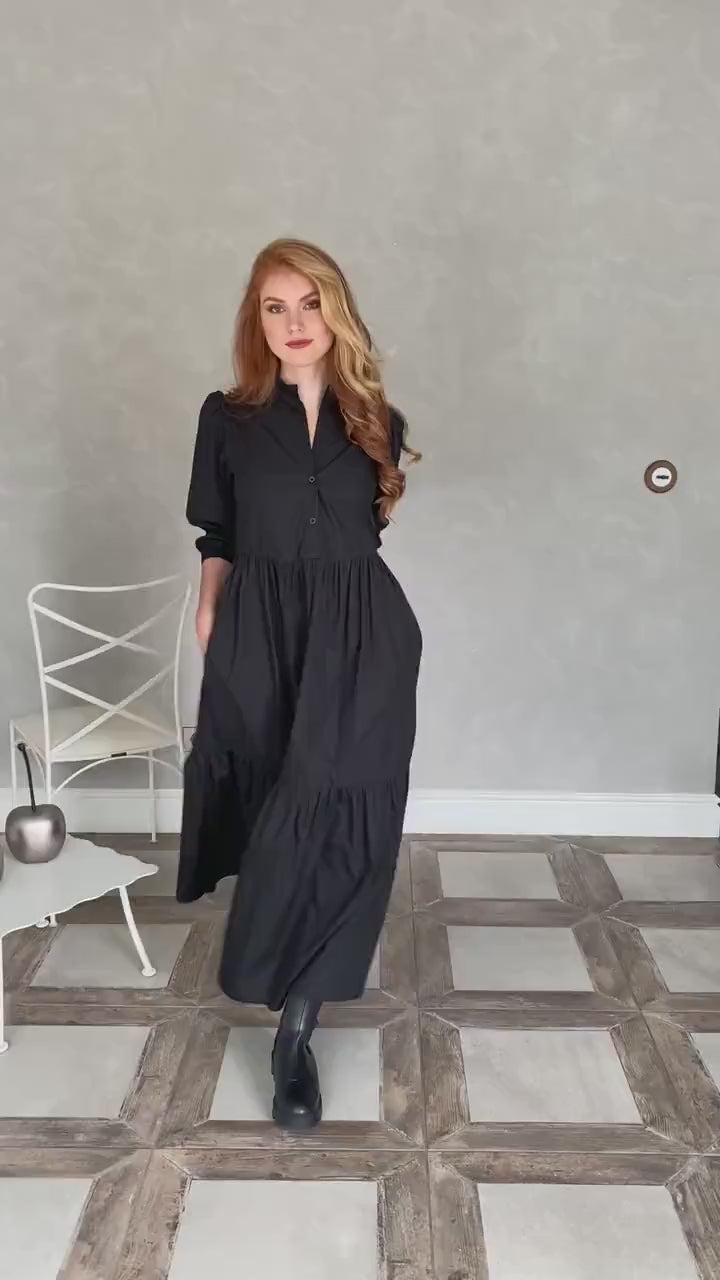 Black Wide & Long Dress: Front Buttons & Flared