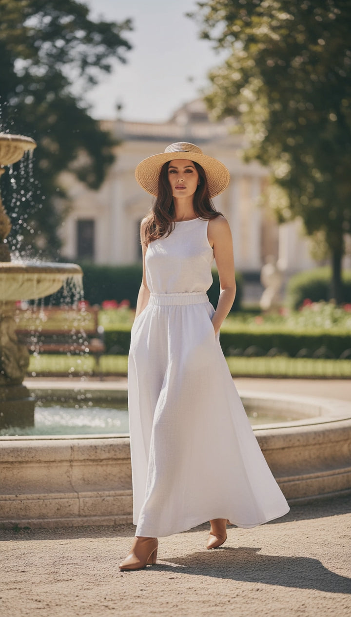 Linen Two-Piece Set – White Top &Flowing Skirt|طقم  توب وجيب