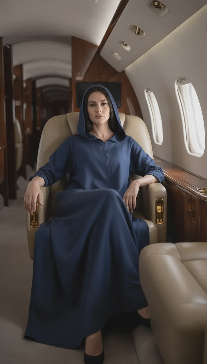 Navy Linen Kaftan: Side Pockets & Hidden Magic Zipper | سوسته سحريه