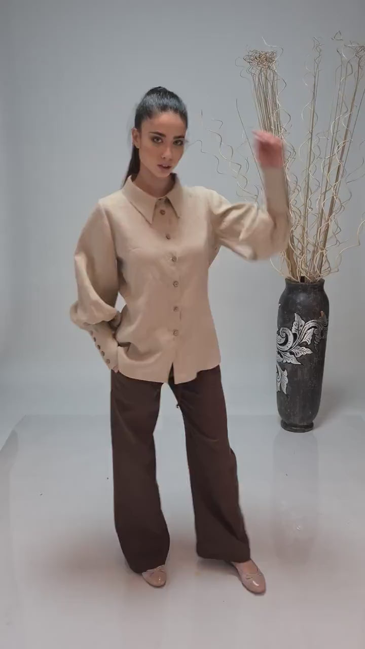 White & Beige Linen Shirt (Wrinkle-Free) with Brown Pants – قميص