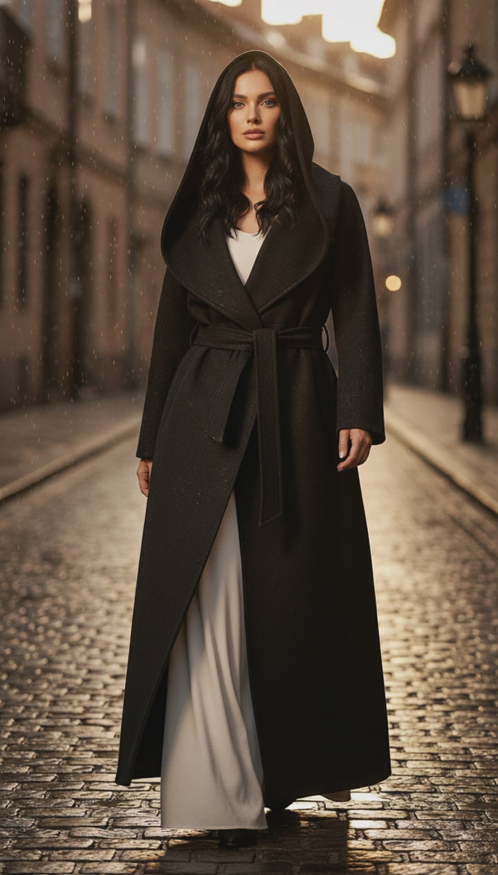 Heavy Wool Hooded Coat with Belt – Available in Black & Beige| لونج