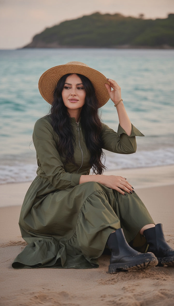 Maxi Dress with Front Zipper & Adjustable Inner Belt  |مشحم سوسته