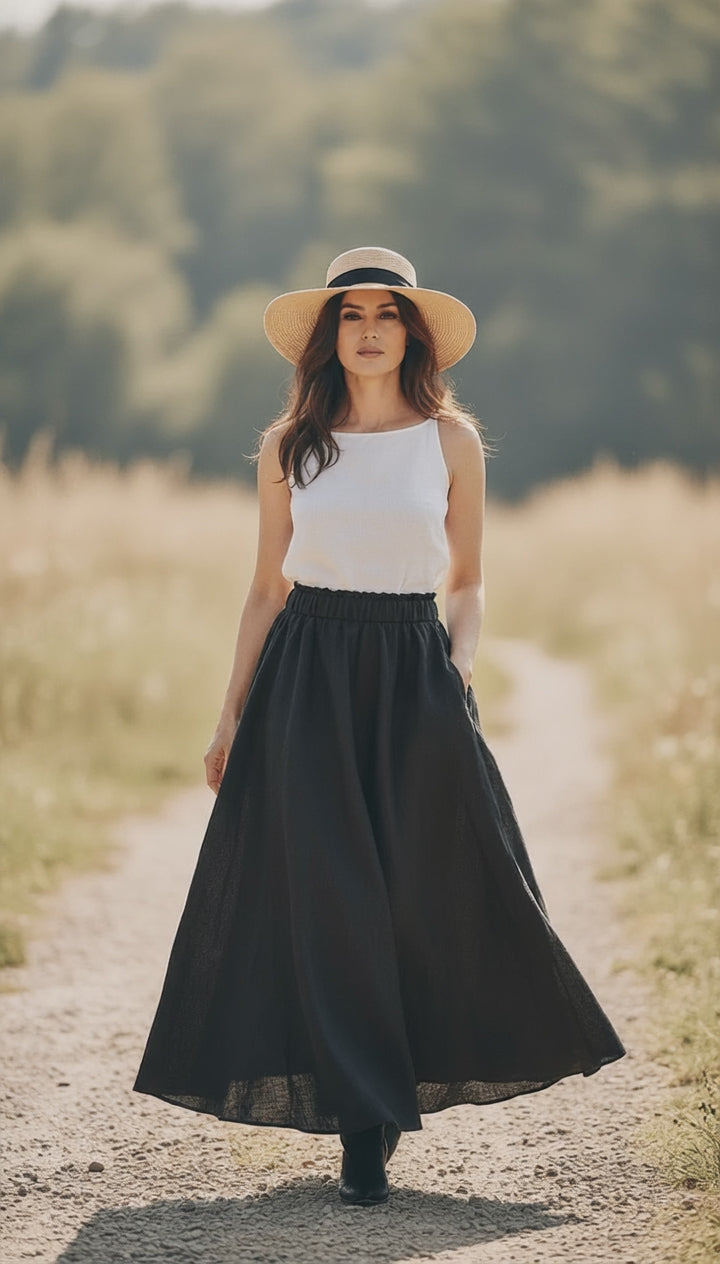 Linen Cloche Skirt with Hidden Pockets |كلوش