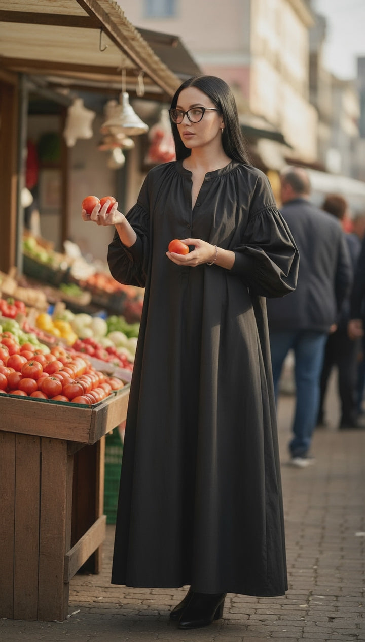 Black Oversized Dress with Balloon Sleeves | بالون