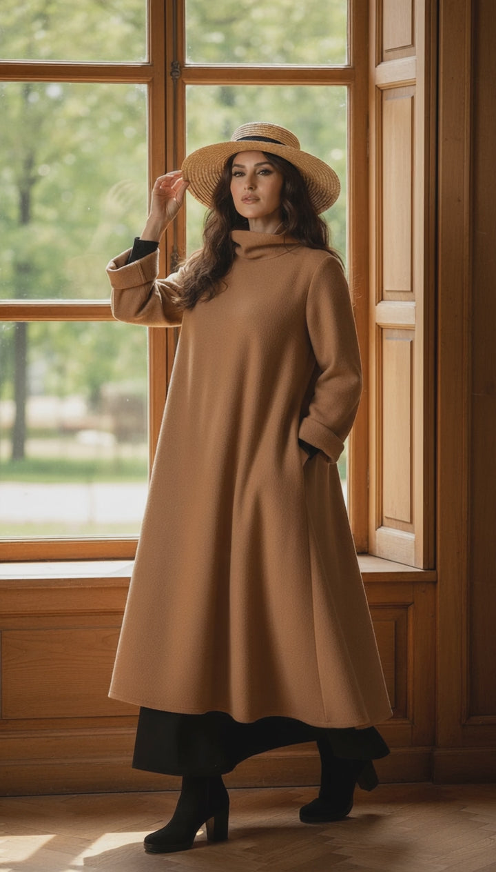 Camel Wool Dress with Oversized Scarf – Warmth & Timeless Style| سبوت