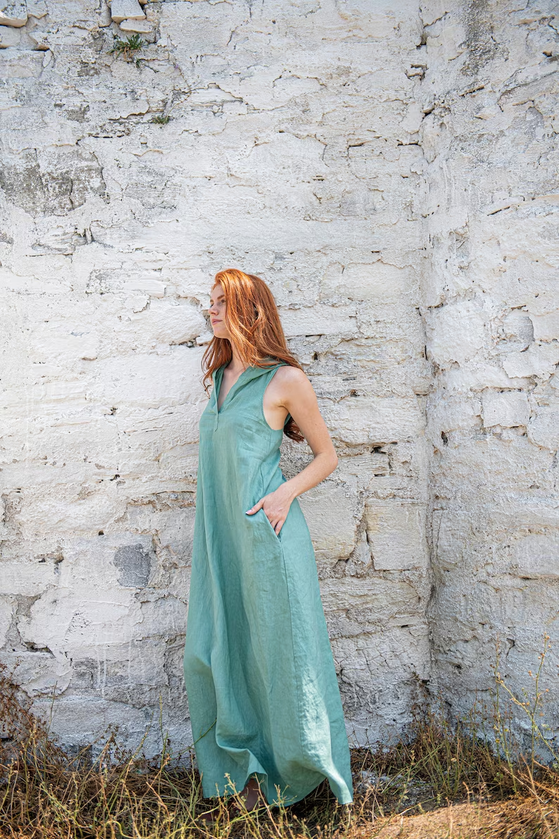 Sleeveless Linen Dress with Wide Straps Mint Color & Elegant Bust Cu ILSARTO Sleeveless Linen Dress with Wide Straps Mint Color & Elegant Bust Cu ILSARTO